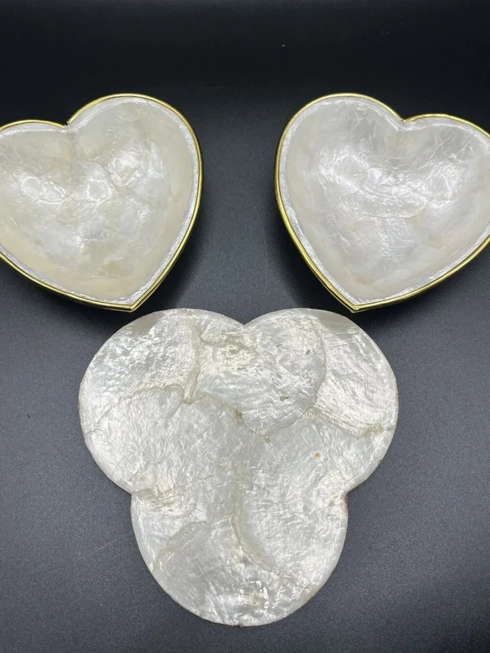 VTG Capiz Shell Heart Trinket Bowls & Plate Set Gold Trim Philippines Cottage